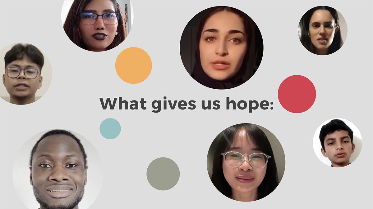 Preview image for the video "EOY" - Circular headshots of diverse young people surround the text What gives us hope: on a white background with a few colored circles.