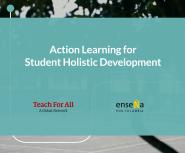 Many children in school uniform sit on steps outside their schools holding models of homes