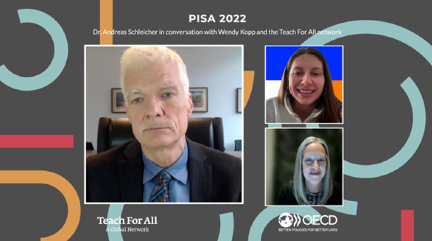 Headshots of an white man with white hair and a mustache, a white woman with brown hair and a white woman with blond hair appear on a grey background with colorful swirl designs