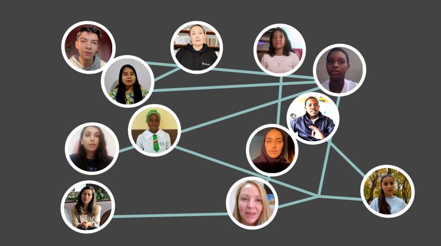 A graphic with multiple headshots of diverse people in circles are connected by straight lines