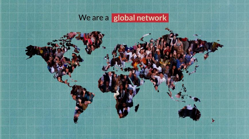 Map of the world on a teal background with the continents filled with photos of people. At the top are the words "We are a global network"